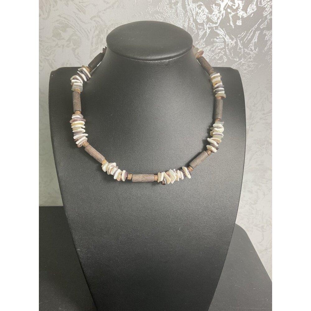 Natural Shell & Wooden Bead Necklace 16" Beach Inspired Boho Style Jewelry